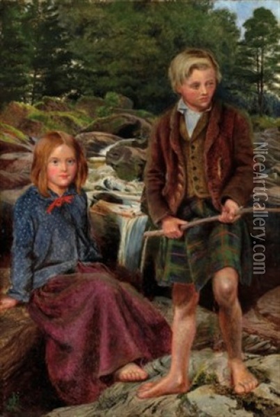 Two Highland Children By A Scottish Stream Oil Painting - Michael Frederick Halliday