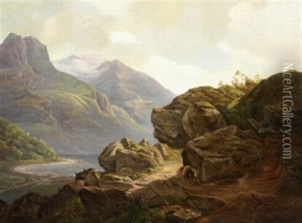 Norwegische Landschaft Mit Gebirgspfad Und Seeufer Oil Painting - Christian Ernst Bernhard Morgenstern