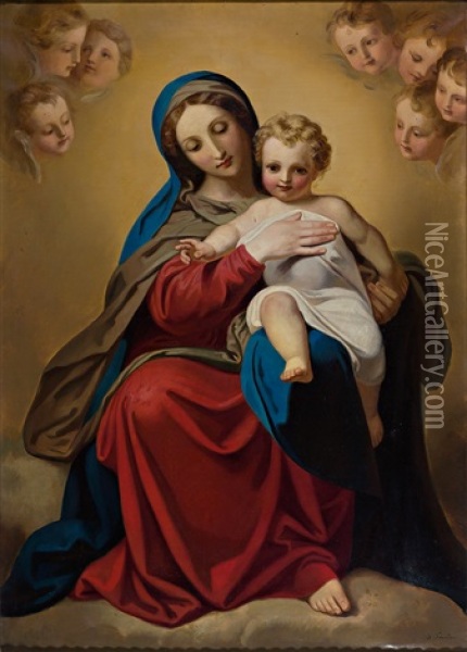 Madonna Mit Kind Und 7 Engelskopfen Oil Painting - Jost Troxler