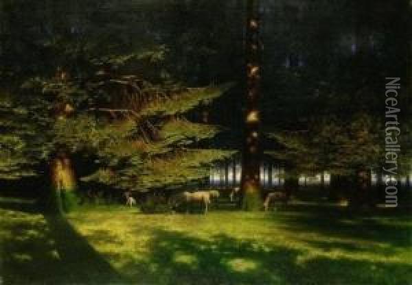 Waldlichtung Im Abendlicht Mit Grasenden Schafen Oil Painting - Paul-Wilhelm Keller-Reutlingen