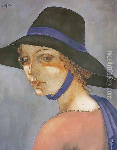Portrait of a Young Woman in a Hat (Jadwiga Zak) Oil Painting - Eugene Zak