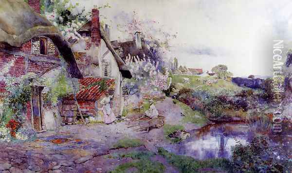 An English Idyll, Figures Outside A Thatched Cottage Oil Painting - David Woodlock