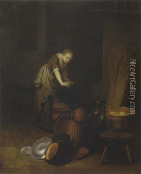 Jeune Femme Curant Ses Cuivres Oil Painting - Quiringh Gerritsz van Brekelenkam