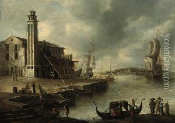 A Mediterranean Coastal 
Landscape With Elegant Figures Embarking A Boat, Dutch Men-o'-war And 
Other Shipping In A Harbour Oil Painting - Jan Abrahamsz. Beerstraaten