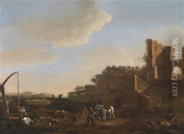 Campagna Landscape With Horsemen And Shepherds In Front Of An Inn Set Within A Ruin Oil Painting - Horatius Hooch