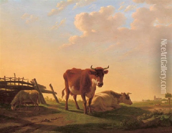 Cows And A Sheep By A Fence, Dordrecht Beyond, At Sunset Oil Painting - Jan Kobell the Younger
