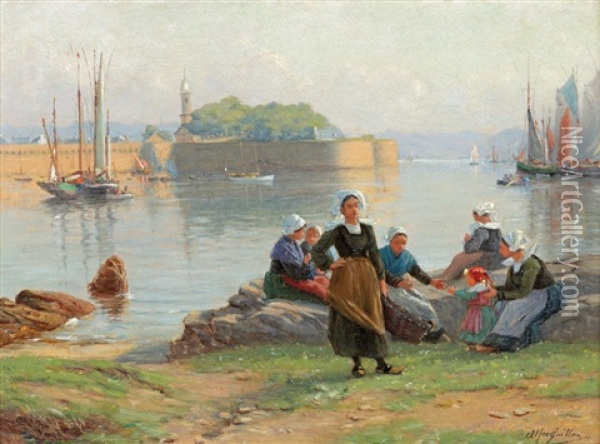 Femmes Et Petite Fille Devant Le Port De Concarneau Oil Painting - Alfred Guillou