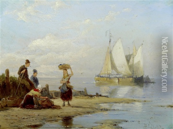 Fisherfolk On Shore (+ Choppy Waters; Pair) Oil Painting - Pieter Cornelis Dommershuijzen