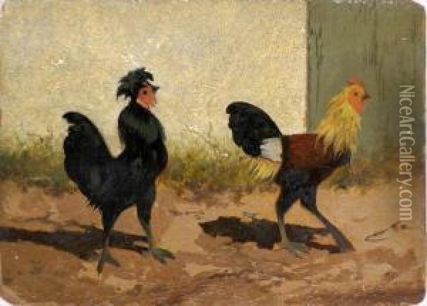 Farmyard Scene With Two Cockerels Oil Painting - Franklin Briscoe