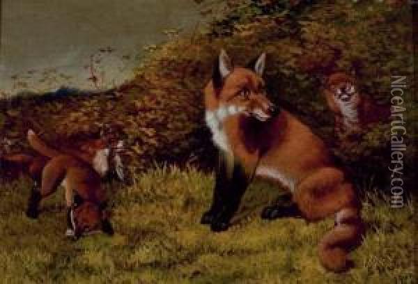 Mother Hound With Her Puppies; And Mother Fox With Her Young Oil Painting - Sylvester Martin