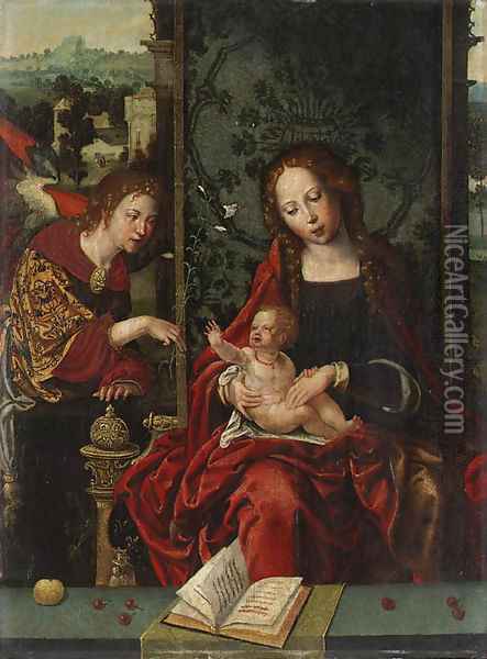 The Virgin and Child enthroned, with the Angel Gabriel proffering a lily a fragment Oil Painting - Pieter Coecke Van Aelst