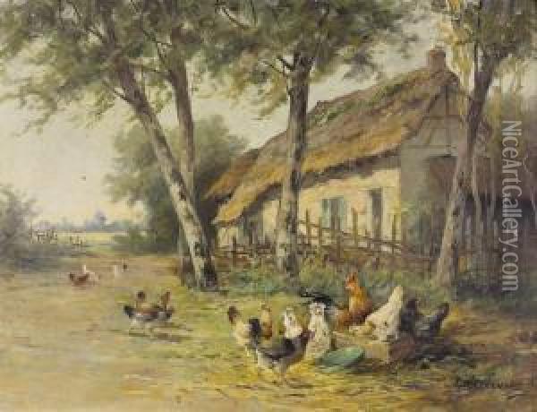 Landschaft Mit Bauernhaus Und Huhnerhof. Oil Painting - Edmond Van Coppenolle