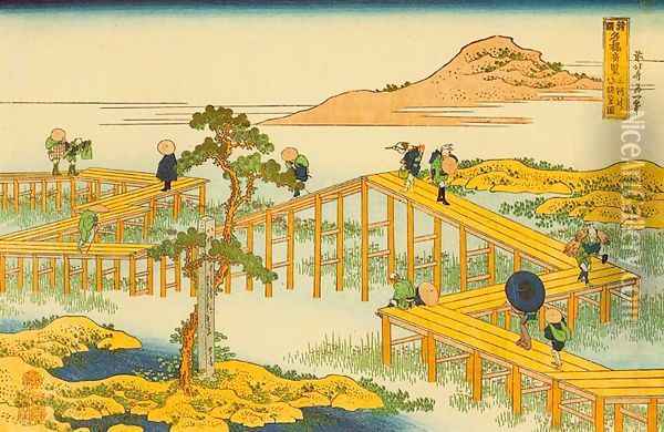 Ancient View of Yatsuhashi in Mikawa Province (Mikawa no Yatsuhashi no kozu) Oil Painting - Katsushika Hokusai