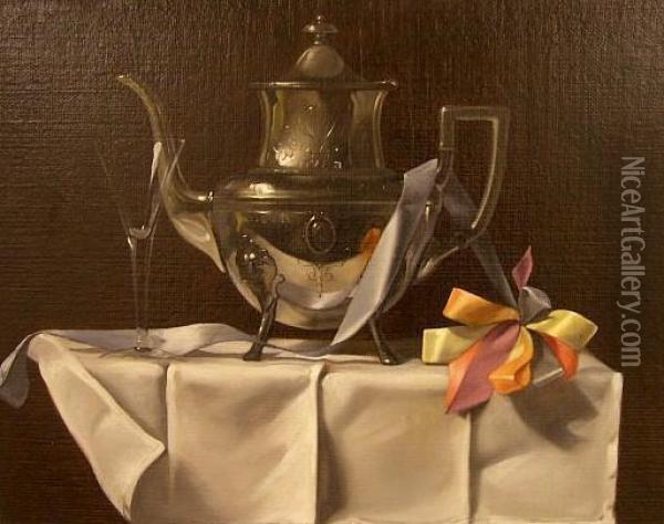 Still Life Featuring Silver Teapot Oil Painting - Ronald Anderson