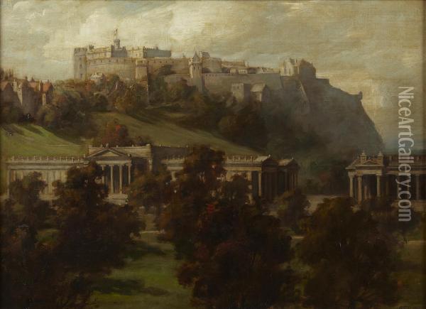 Princes Street Gardens Looking West To The National Gallery Andcastle Oil Painting - Arthur Percy Dixon