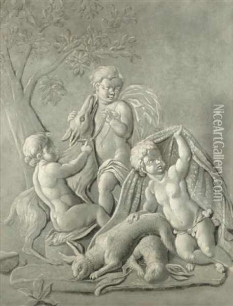 Putti Fishing; Putti Blowing Bubbles; Putti Frolicking; And Putti With Hunting Spoils Oil Painting - Jacob de Wit