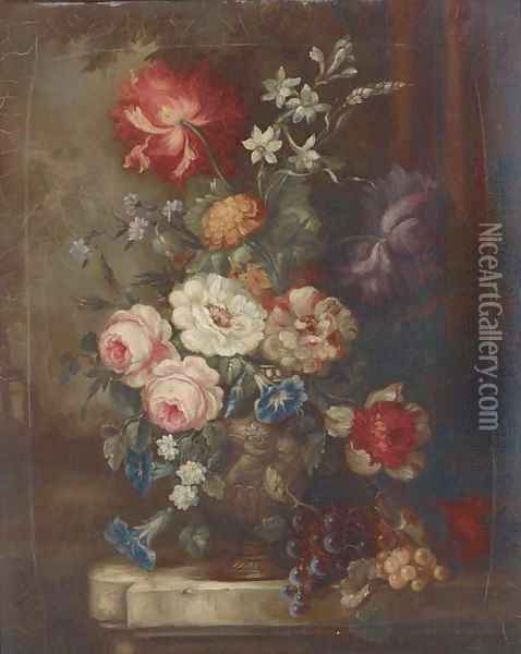Roses, petunias, dahlias, campanulae and other summer flowers in an ornamental urn with bunches of grapes on a garden plinth Oil Painting - Jan Van Huysum