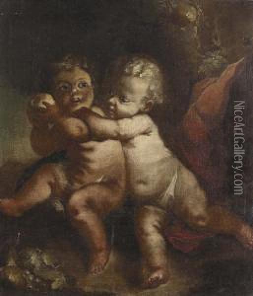 Zwei Bacchantenknaben Ringen Um Einen Apfel. Oil Painting - Gregorio de Ferrari