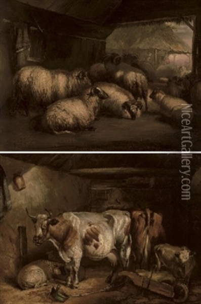Sheep In A Barn (+ Cattle And Sheep In A Barn; Pair) Oil Painting - John W. Morris