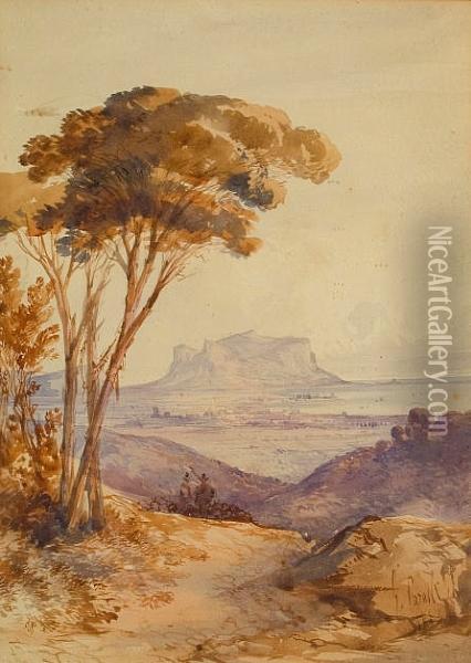 Coastal Landscape With Large Rocky Outcrop In The Distance Oil Painting - Consalvo Carelli