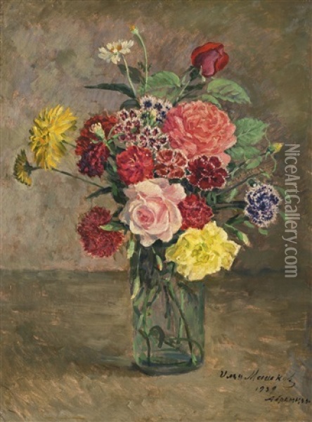 Still Life With Roses And Carnations In A Glass Jar Oil Painting - Ilya Ivanovich Mashkov