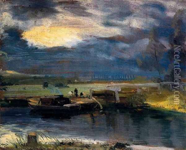 Boats on the Stour, in the background of the Deadham church Oil Painting - John Constable