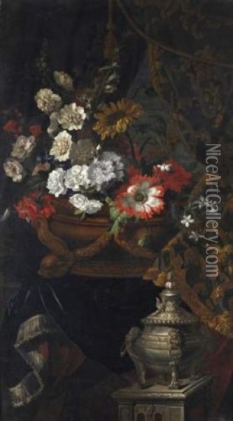 Nature Morte Au Vase De Fleurs Et Vase D'orfevrerie Oil Painting - Jean-Baptiste Monnoyer