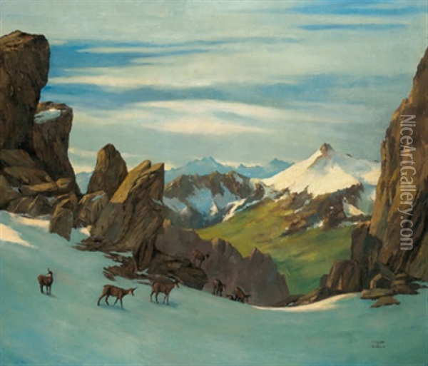 Gemsen Im Hochgebirge (care Alte In Der Podamello-gruppe) Oil Painting - Hubert Von Zwickle