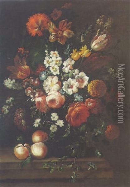 A Still Of Roses, Hollycocks, Daffodils And Other Flowers In A Glass Vase, With Three Peaches, All On A Stone Ledge Oil Painting - Philips van Kouwenberg