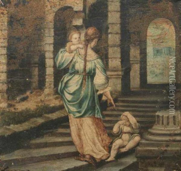 Madre Con Due Bambini In Una Architettura Classica Oil Painting - Francesco Franciabigio