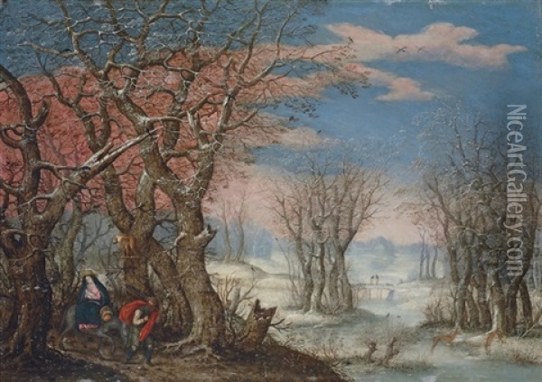 A Winter Landscape With The Flight Into Egypt Oil Painting - Denis van Alsloot