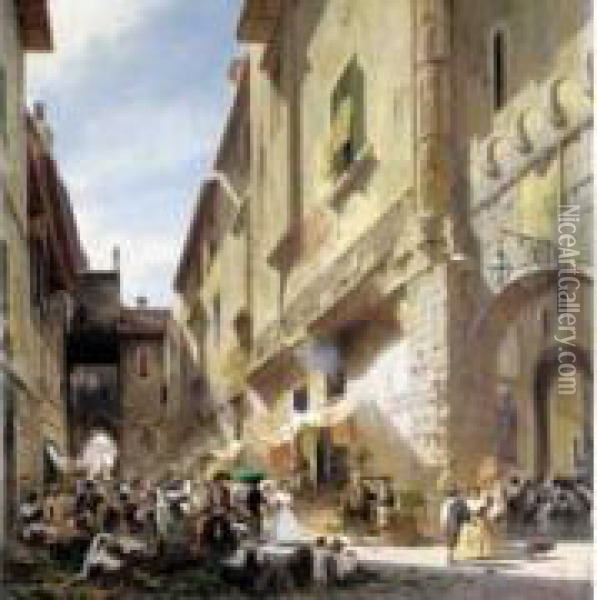 Vue D'un Marche Dans Une Ville Italienne. Oil Painting - Carl Johann F. Rotteken