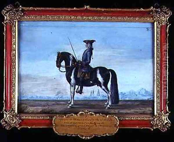 No 8 A piebald horse and rider from the Spanish Riding School the horse belonging to the late Prince of Schwartzenberg equerry to Emperor Charles VI Oil Painting - Baron Reis d' Eisenberg