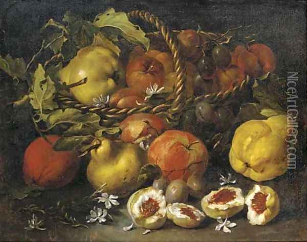 A pear, apples and plums in a woven basket, with figs, jasmine, pears and plums below Oil Painting - Luca Forte