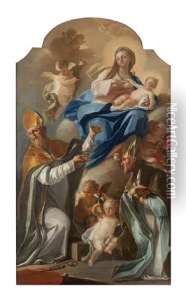 Madonna Col Bambino E Santi Vescovi Oil Painting - Nicola Peccheneda