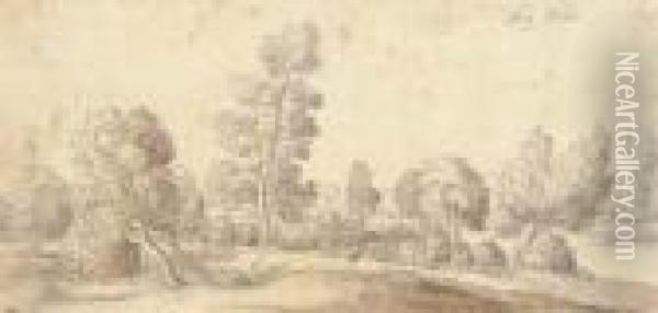 A Landscape Near Duren With Pollarded Willows Oil Painting - Wenceslaus Hollar