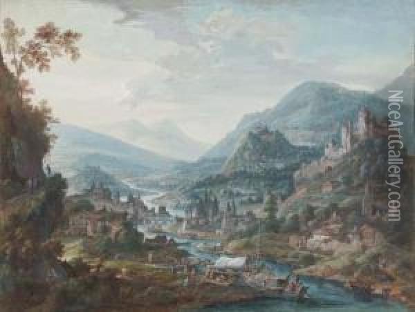 A Rhine Landscape With A Town On The River And Merchants Loadingcargo On Boats Oil Painting - Willem Troost
