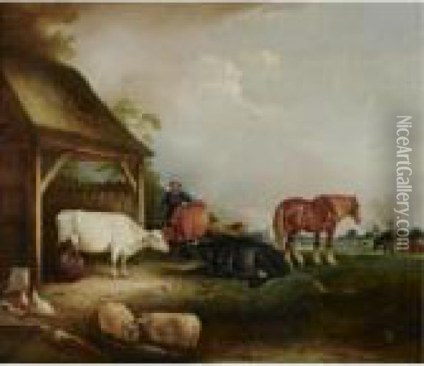 A Herdsman With Cattle, Sheep And Chickens Oil Painting - John Snr Ferneley
