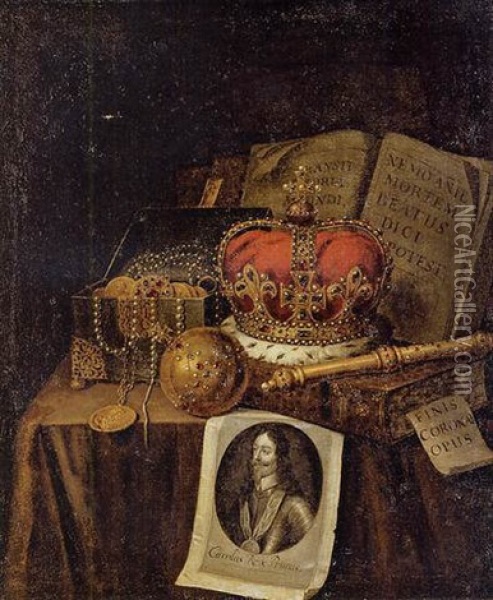 A Vanitas Still Life Of A Crown, An Orb, A Sceptre, A Casket Of Coins And Jewels, Together With Books And An Engraving Of Charles I Of England Oil Painting - Edward Collier
