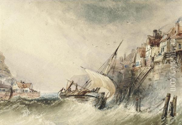 A Fishing Boat Running Into A Harbour In A Gale Oil Painting - Thomas Creswick