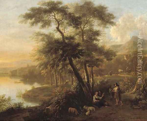 An Italianate wooded landscape with peasants and their flock resting by a path Oil Painting - Simon Mathurin Lantara