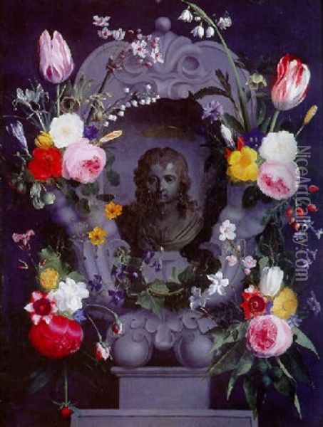 Couronne De Fleurs Entourant Un Cartouche Avec Un Buste De Jeune Homme Oil Painting - Daniel Seghers