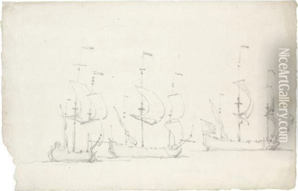 Three Ships Under Sail Oil Painting - Willem van de, the Elder Velde