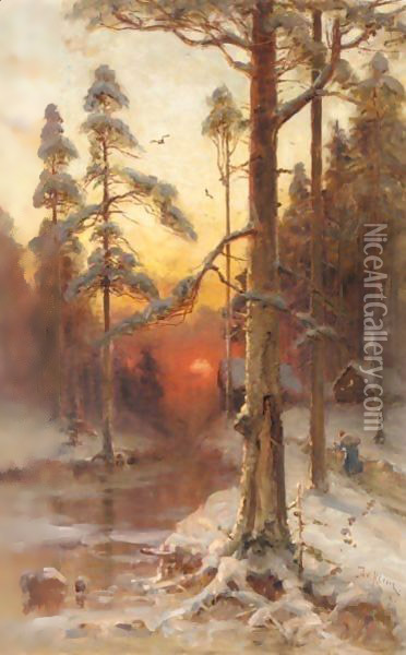 Sunset In The Winter Forest Oil Painting - Iulii Iul'evich (Julius) Klever