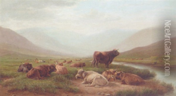 Highland Cattle Resting In A Mountainous Landscape Oil Painting - William Luker Sr.