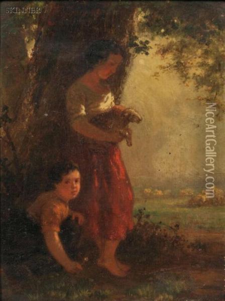 Children With A Lamb Oil Painting - Henri van Seben