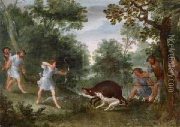 Wooded Landscape With A Wild Boar Hunt Oil Painting - Adriaan van Stalbemt