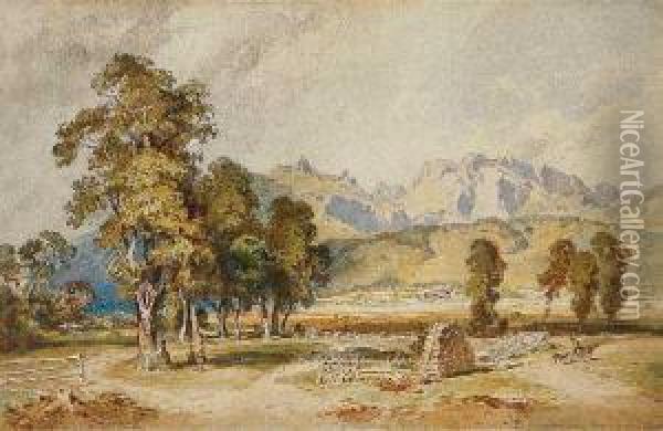 Landschaft Bei Lengries Mit Bauernfamilie Am Bildstock Oil Painting - Leopold Rottmann
