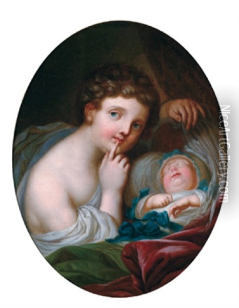 Geschwistergluck, Ein Kind Den Schlaf Des Babys Bewachend Oil Painting - Johann Eleazar Schenau