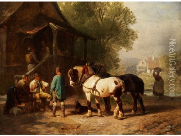 Pferdefuhrer Mit Zwei Kaltblutern Im Gesprach Mit Bauern Vor Einem Haus Mit Treppenbalkon Oil Painting - Philipp Arons